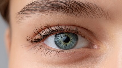 Fototapeta premium A woman's blue eye with long eyelashes showcases intricate skin texture and depth in a beautifully lit studio setting