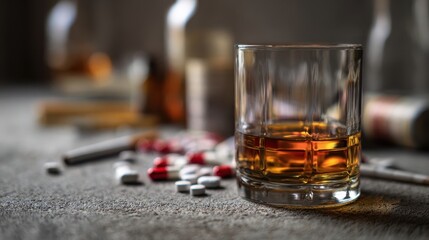 The glass of whiskey surrounded by pills and bottles on a wooden table.