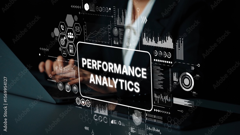 Poster business professional analyzing performance metrics through modern data visualization and analytics 