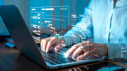 A sleek digital workspace with holographic UI overlay, showcasing futuristic tools, data charts, and collaboration