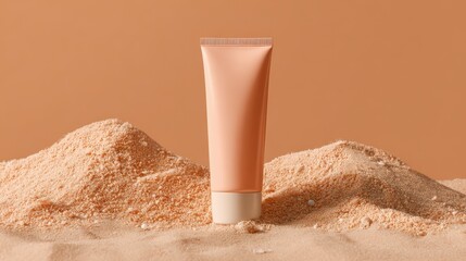 Ultra quality image of pink Facial Cleanser Tube on Peach Sand Background.