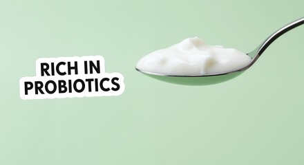 Yogurt spoon rich probiotics label green background. Creamy dairy product health benefits marketing. Healthy nutrition wellness concept