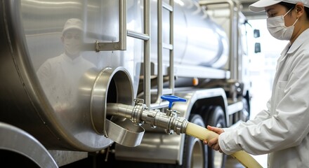 Factory worker operating valve dairy processing equipment white coat. Male technician controlling production industrial facility. Manufacturing automation concept