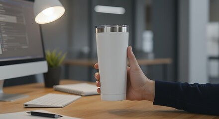 A person's hand holding a white insulated tumbler at a desk in a modern office.