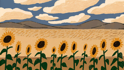 Golden Sunflower Field with Blue Sky and Clouds Rustic Countryside Landscape Illustration in Warm Earth Tones