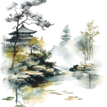 Japanese landscape in watercolor with a fairy garden, ink landscape painting, Watercolor depiction of a Japanese landscape, isolated on transparent background