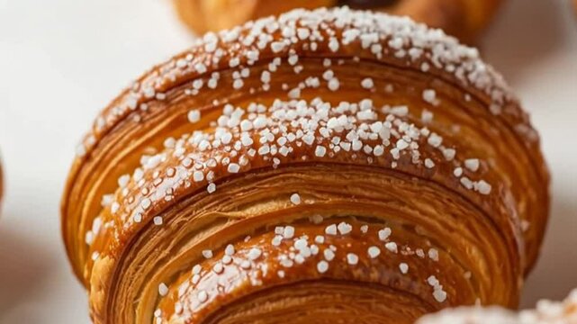massa de croissant, doce de padaria em close-up. Delicious bakery pastry close-up, fresh layers, realistic details, shiny topping. Gourmet, commercial image.