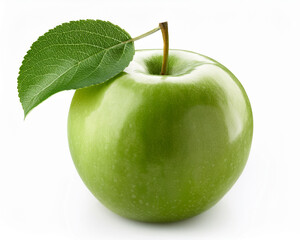 A fresh, ripe green apple with a leaf, isolated on white, epitomizes a healthy, sweet, and delicious natural fruit snack