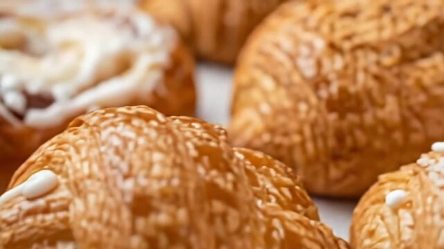massa de croissant, doce de padaria em close-up. Delicious bakery pastry close-up, fresh layers, realistic details, shiny topping. Gourmet, commercial image.