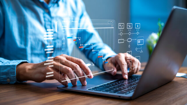 A sleek digital workspace with holographic UI overlay, showcasing futuristic tools, data charts, and collaboration