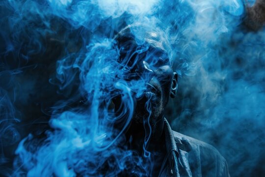 Cinematic portrait of a man exhaling blue vapor from an electronic cigarette, creating a mysterious and atmospheric scene