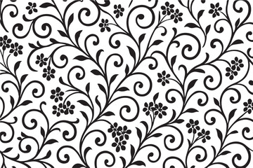 Elegant black floral scrollwork pattern with delicate flowers and swirling vines on a clean white background classic design