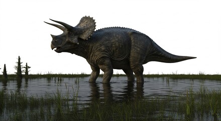 Fototapeta premium Triceratops puissant traverse paisiblement marais lumineux matin. AI Generated