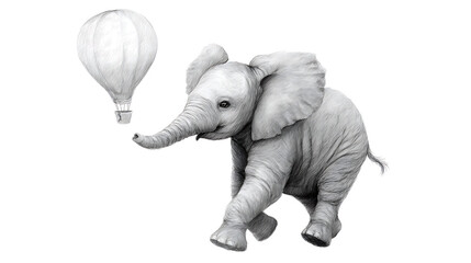 Cute baby elephant flying in a hot air balloon hand drawn illustration in toile de jouy retro style. Vintage line art clipart. Boy version. 55267934 1