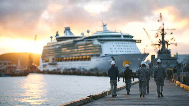 Team of professionals walking along dock, conversing as massive ship is prepared for departure, soft sunset reflections in water enhance mood.