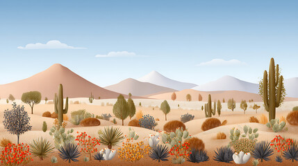 Seamless Pattern of Desert Landscape with Cacti and Vegetation. Wild West Surface Poster Design for All Fabrics and Prints. Background Wallpaper featuring Arizona vector artwork. 77077730 1