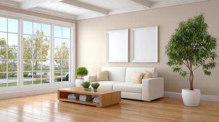 Soft beige walls and a cream sofa with a wooden coffee table create a tranquil space filled with natural light from large windows