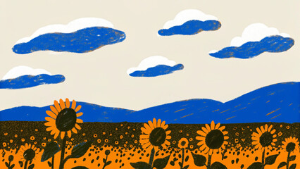 Abstract Sunflower Field with Blue Clouds and Mountains Colorful Landscape Illustration with Bold Shapes and Textures