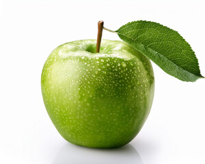 Fresh, juicy green apple with a leaf and water drops, isolated on white, a healthy and delicious natural snack