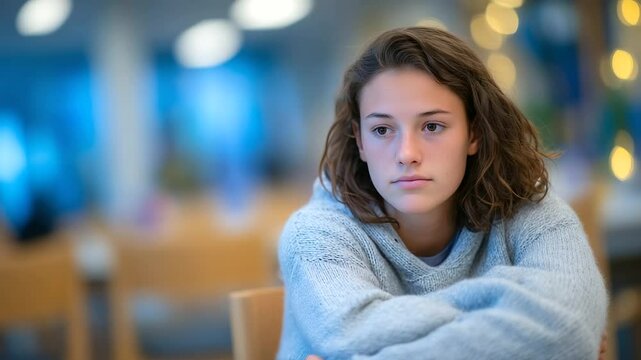 Teen girl sits sideways in chair with knees pulled up, hugging herself tightly in silent classroom, conveying isolation, anxiety, and school-related stress.