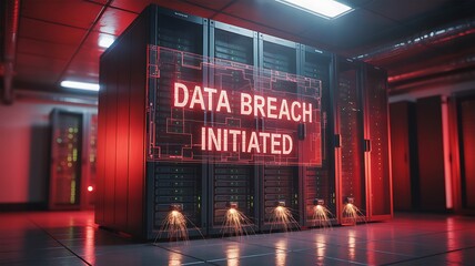 Cybersecurity Data Breach: Red Alert - Server Room Under Attack, Dramatic Lighting, High-Tech Threat.