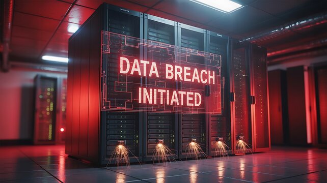 Cybersecurity Data Breach: Red Alert - Server Room Under Attack, Dramatic Lighting, High-Tech Threat. - Powered by Adobe
