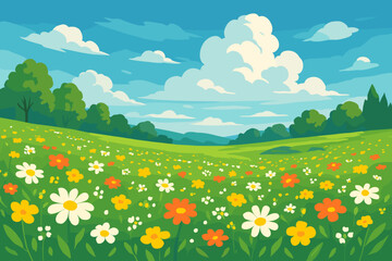 Summer flower meadow landscape vector illustration. Green field with colorful blooming flowers, trees, and hills under a blue sky with clouds. Cartoon nature background concept.