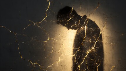 Silhouette of a person with head down against a wall covered in golden cracks pattern