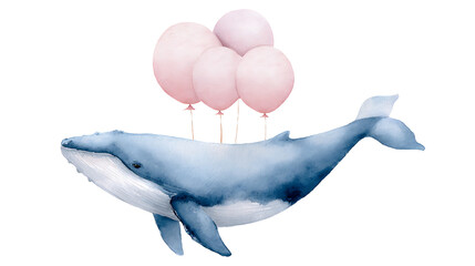 Beautiful baby clip art composition with cute watercolor flying whale and air balloons. Children stock illustration. 41888606 1