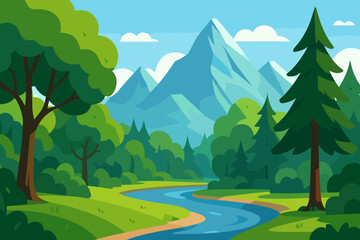 Obraz premium Summer mountain valley landscape with river stream flowing through a green forest. Nature background scene with trees, hills and blue sky. Modern flat cartoon vector illustration.