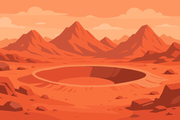 Naklejka premium Martian landscape with crater and mountains. Red planet surface vector background. Space exploration, sci-fi scene. Alien world cartoon illustration. Modern flat design cosmos.