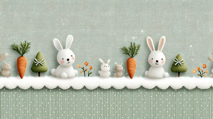 A delightful Easter-themed pattern featuring whimsical bunnies, vibrant carrots, and playful wavy stripes. The charming green checkered background is adorned with whimsical ribbon bows. 88793267 1
