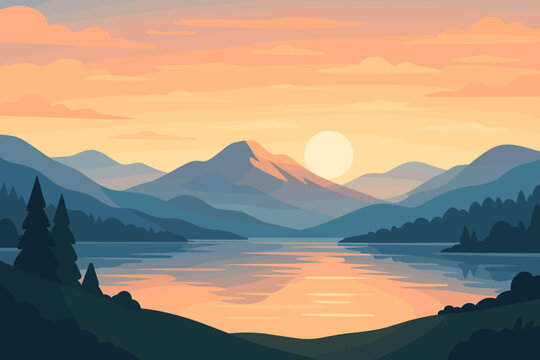 Fototapeta Vector landscape with mountains and lake at sunrise or sunset. Peaceful nature scenery with sun, forest, and water reflection. Modern flat cartoon illustration background.