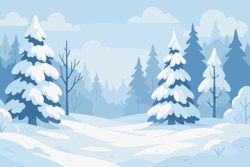 Winter landscape with snow covered fir trees in a forest clearing. Panoramic view. Modern flat cartoon vector illustration. Snowy scenery background for wallpaper or banner.