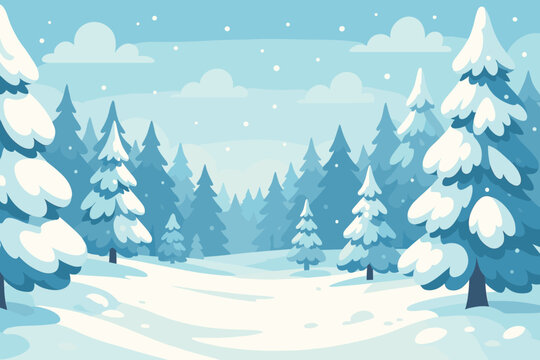 Winter forest landscape with snow covered pine trees. Snowy nature scenery background. Christmas holiday season panoramic view. Modern flat vector cartoon illustration.