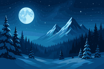 Majestic Winter Night Landscape with Snowy Pine Forest, Mountain Peaks, Starry Sky, Full Moon, Tranquil Nature, Flat Vector Illustration