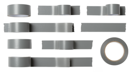 Gray Duct Tape Variety: A versatile array of gray duct tape rolls and strips, showcasing various angles and cuts, ideal for repair, crafting, or general purpose use.