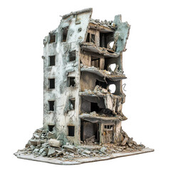 Detailed miniature model of a multi story building severely damaged by conflict isolated on transparent background