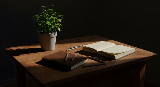 plant and note book on table