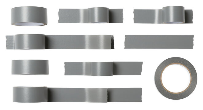 Gray Duct Tape Variety: A versatile array of gray duct tape rolls and strips, showcasing various angles and cuts, ideal for repair, crafting, or general purpose use.
