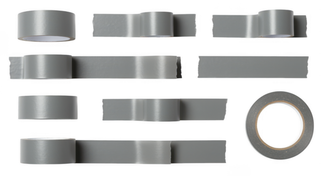 Gray Duct Tape Variety: A versatile array of gray duct tape rolls and strips, showcasing various angles and cuts, ideal for repair, crafting, or general purpose use.