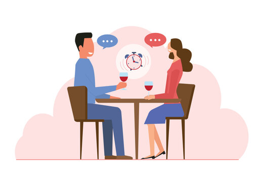 Couples in cafe on speed dating. Strangers chatting, clock with timer flat vector illustration