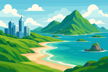 Obraz premium Modern City Business District Skyline on Northern Island Coast, Green Mountains, Sandy Beach, Turquoise Sea, Urban Nature Landscape, Summer Travel, Vector Illustration