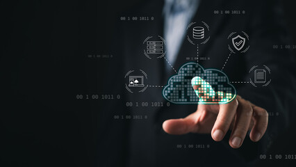 businessman touch with a glowing digital cloud icon connected to data and security symbols, cloud...