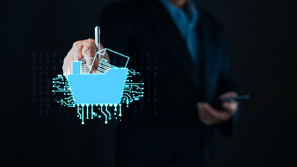 businessman uses a stylus and smartphone with a glowing digital folder interface, symbol document...