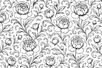 Obraz premium Elegant black and white line art seamless pattern featuring blooming peonies and swirling floral vines with delicate leaves and buds