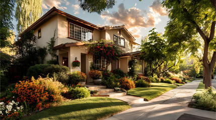 Beautiful home with lush landscaping under a sunny sky    -