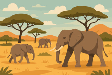 African elephant family on safari in the savanna. Wild animals in a nature landscape. Wildlife travel in Africa concept. Modern flat cartoon vector illustration background.