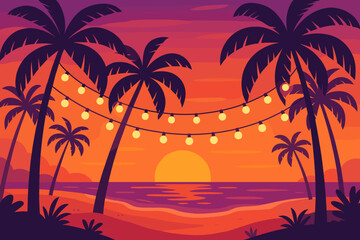 Tropical beach sunset landscape with palm trees. Summer vacation paradise background. Ocean sea view with evening sun. Beach party with hanging string lights vector cartoon.
