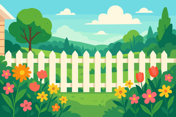 Backyard garden with white picket fence and colorful blooming flowers. Summer house landscape with green grass, trees, and blue sky. Vector illustration for idyllic nature scene.